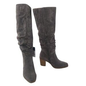 Gray Knee-High Faux Suede Boots Women’s Size 6.5 Stacked Block Heel Side Zipper
